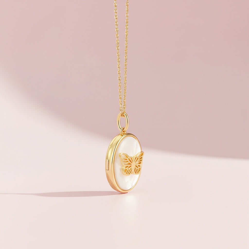 Butterfly Locket Necklace – Custom Photo Locket with Engraving, Mother of Pearl Pendant, Personalized Jewelry Gift