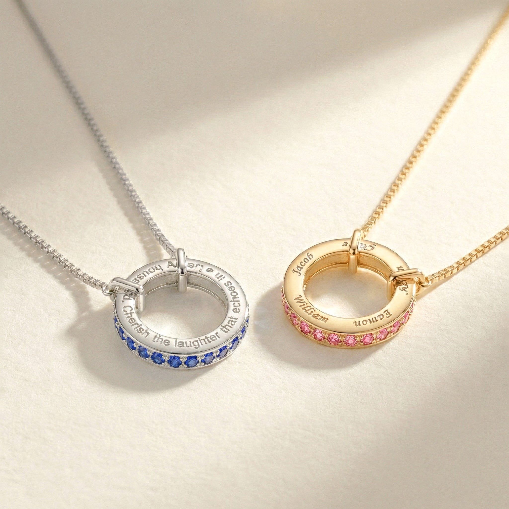 Personalized Family Name Circle Necklace – Custom Engraved Birthstone Pendant SN041