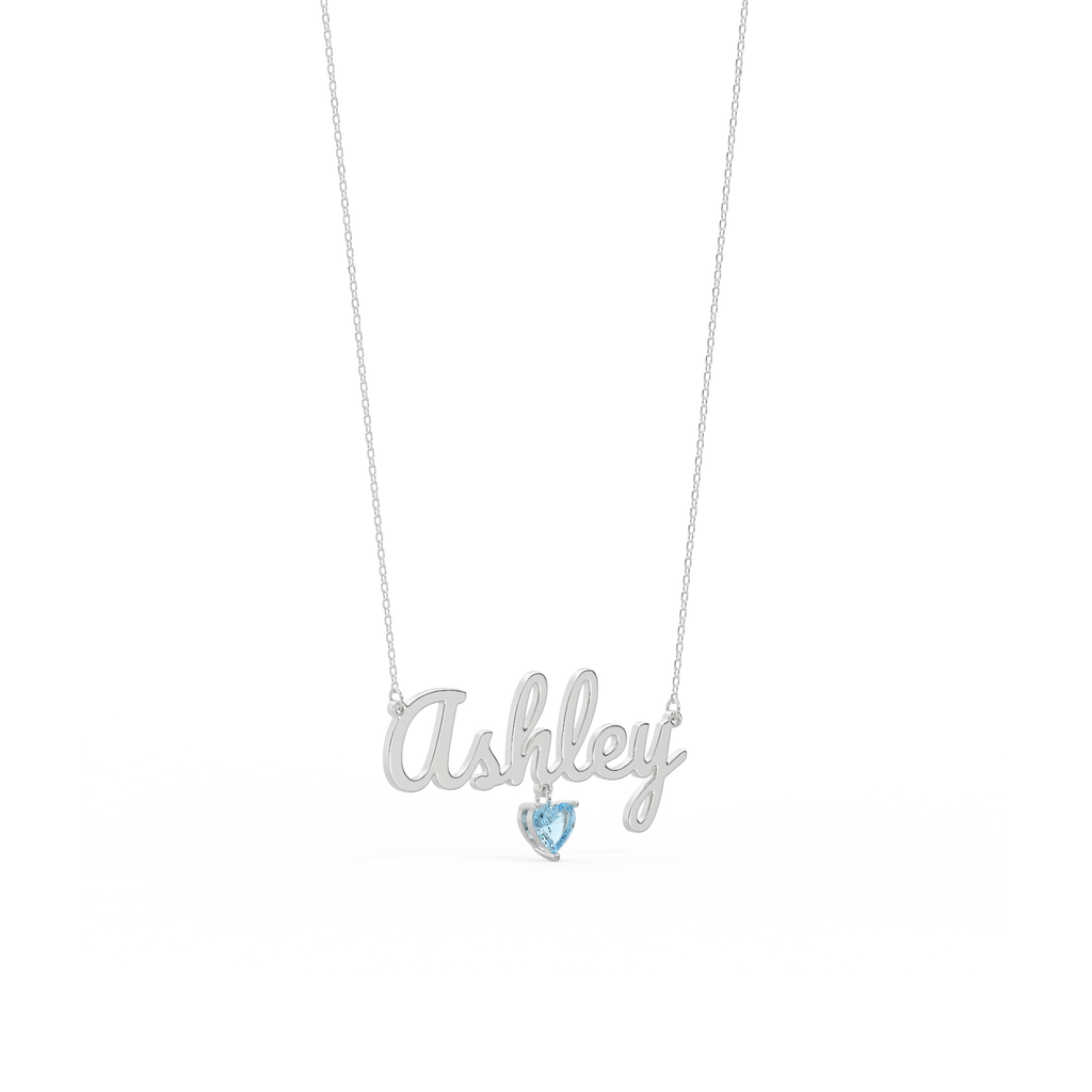 Personalized Name Necklace with Heart Birthstone – Custom Script Name Pendant, Rhodium Plated Jewelry Gift for Her