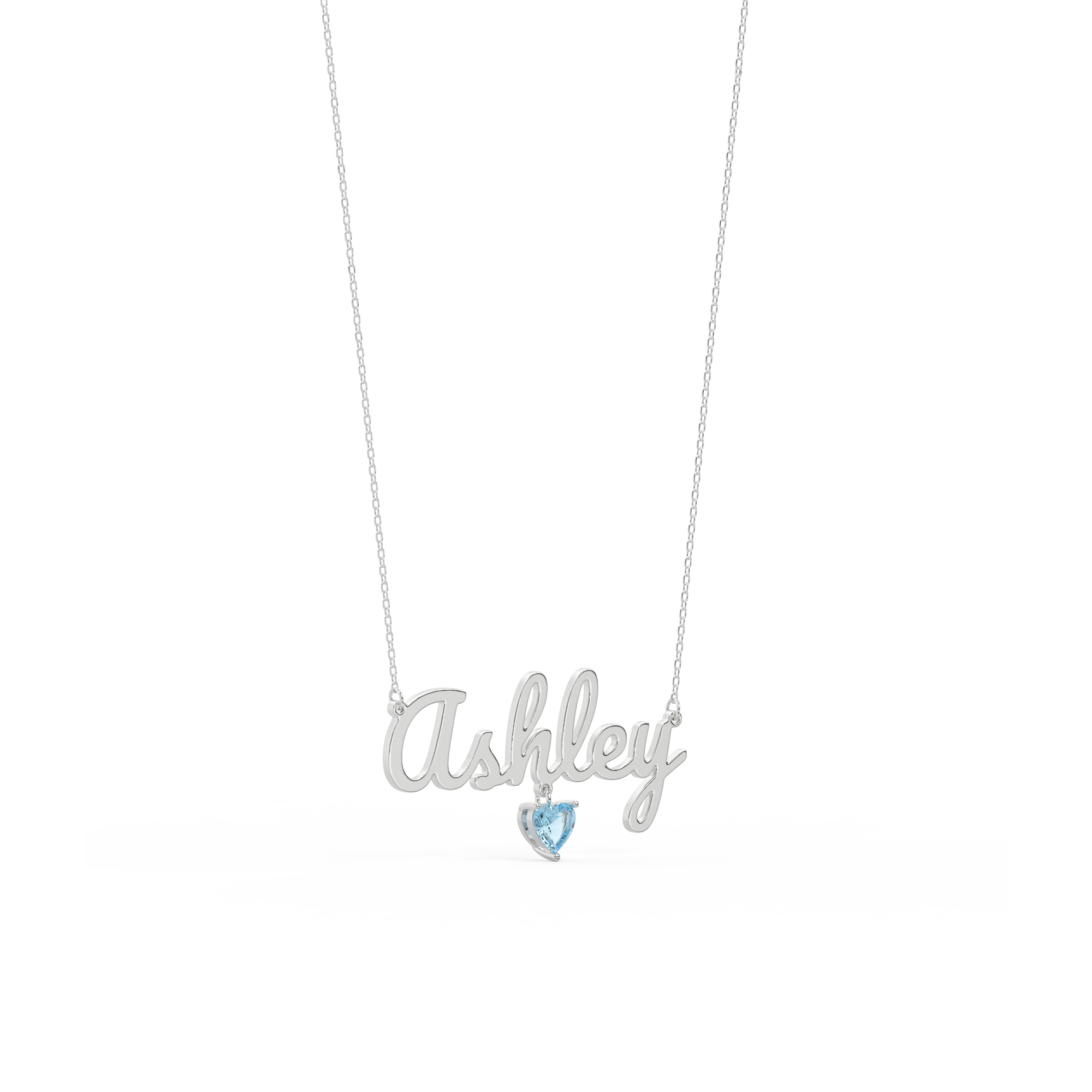 Personalized Name Necklace with Heart Birthstone – Custom Script Name Pendant, Rhodium Plated Jewelry Gift for Her