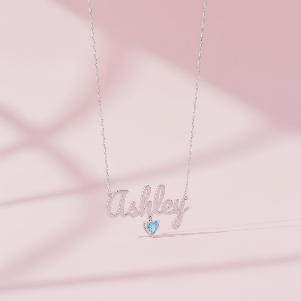 Personalized Name Necklace with Heart Birthstone – Custom Script Name Pendant, Rhodium Plated Jewelry Gift for Her