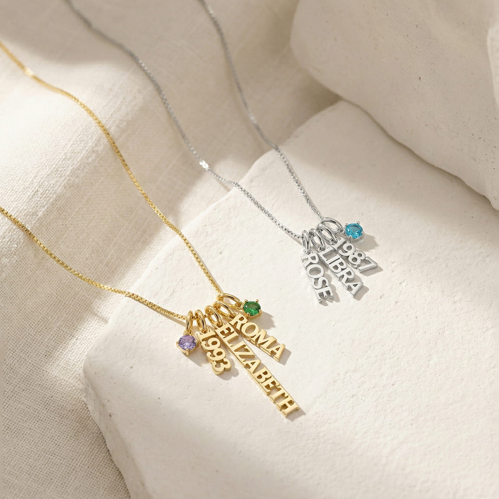 Personalized Birthstone Name Necklace | Custom Engraved Charm Necklace with Date or Initial, Gift for Her