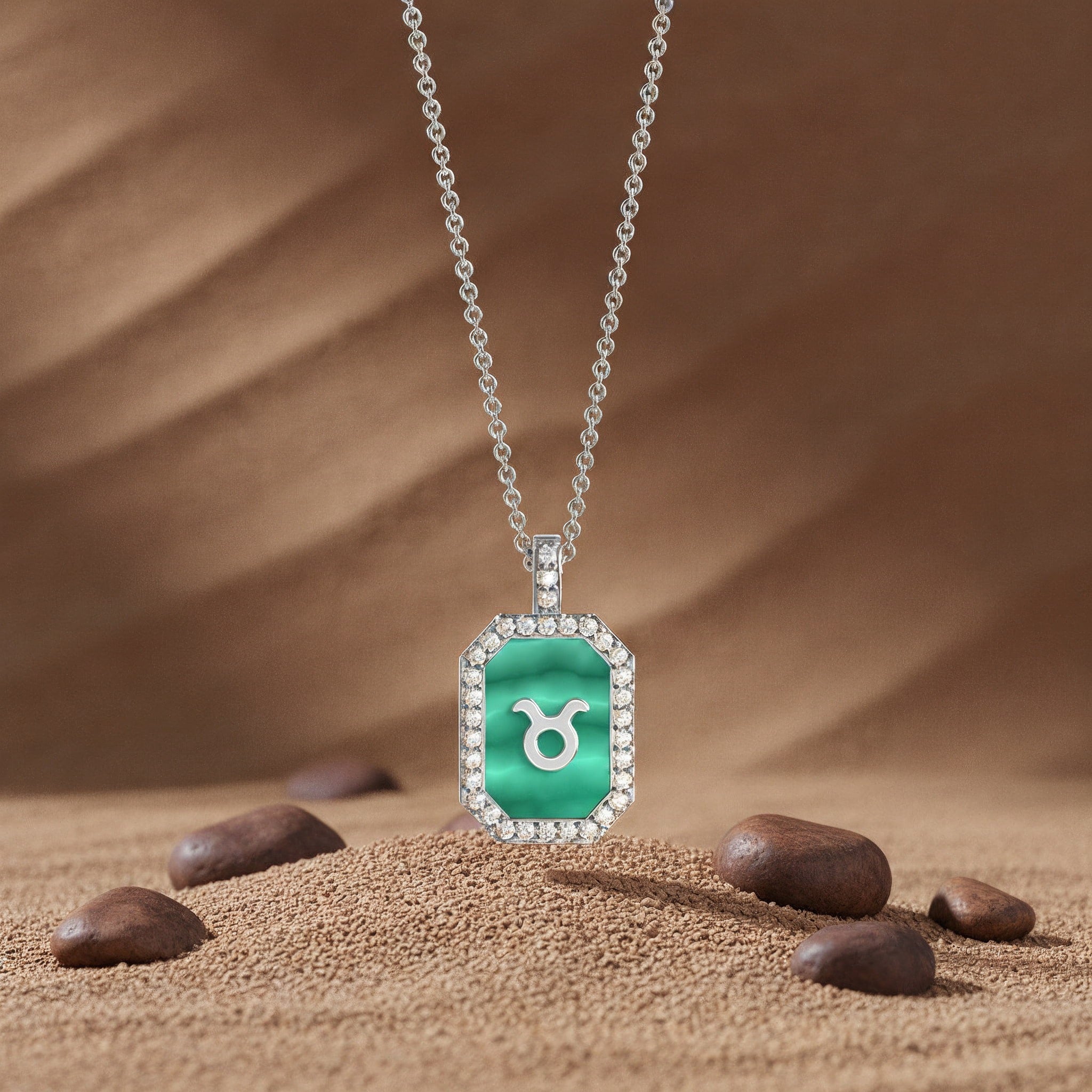 Zodiac Gemstone Necklace – Custom Initial Pendant in Malachite, Mother of Pearl or Agate