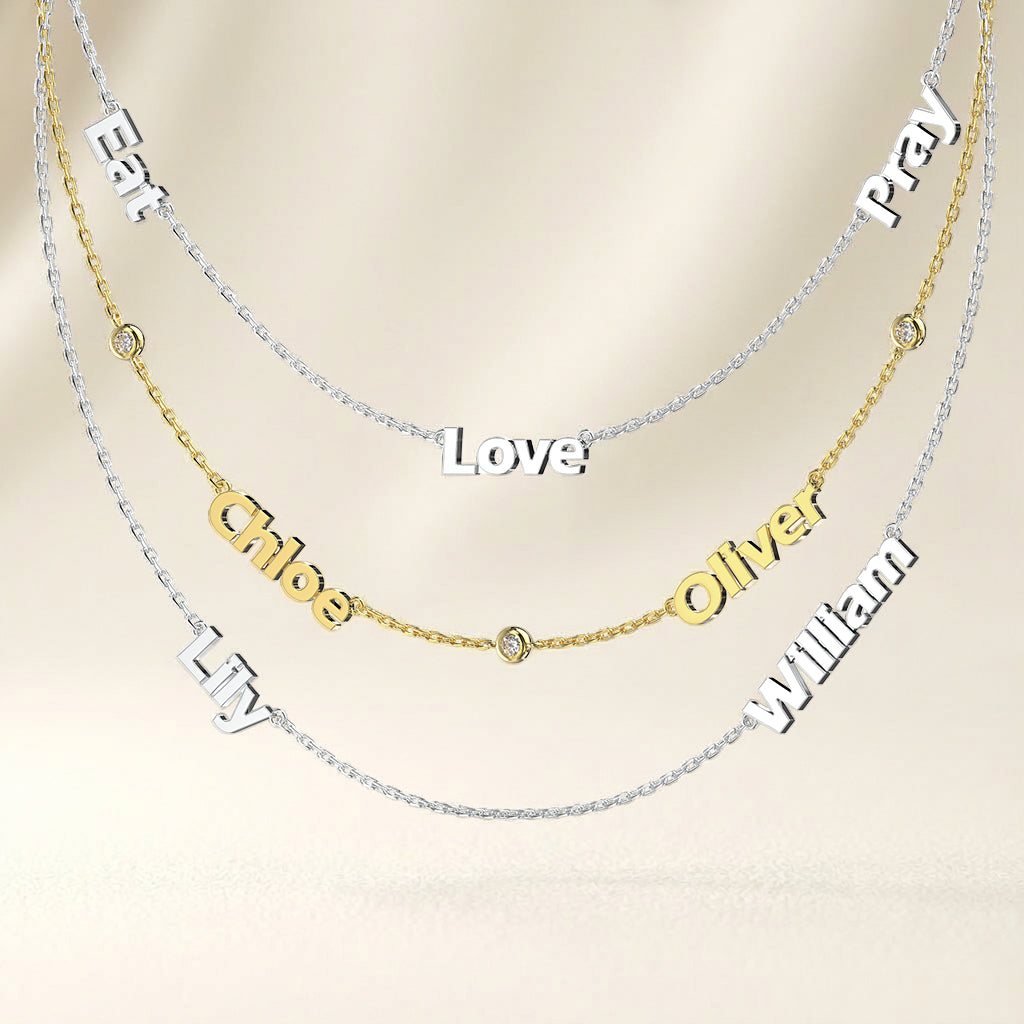 Linked Name Necklace – Custom Family Name Necklace with CZ, Personalized Multiple Names Jewelry Gift