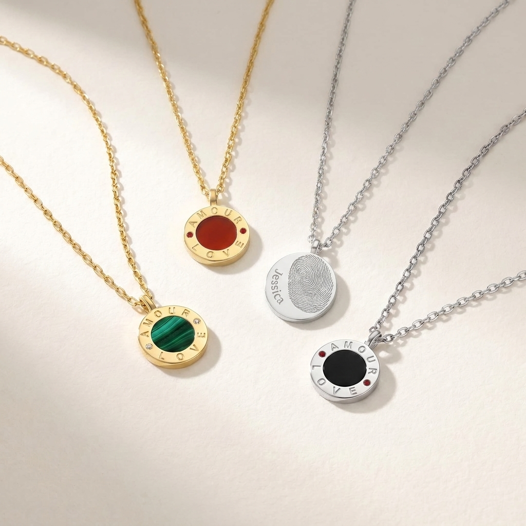 Love Amour Necklace | Gemstone Circle Pendant with Red Agate, Malachite, Black Agate or Mother of Pearl