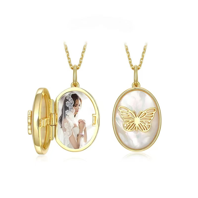 Butterfly Locket Necklace – Custom Photo Locket with Engraving, Mother of Pearl Pendant, Personalized Jewelry Gift
