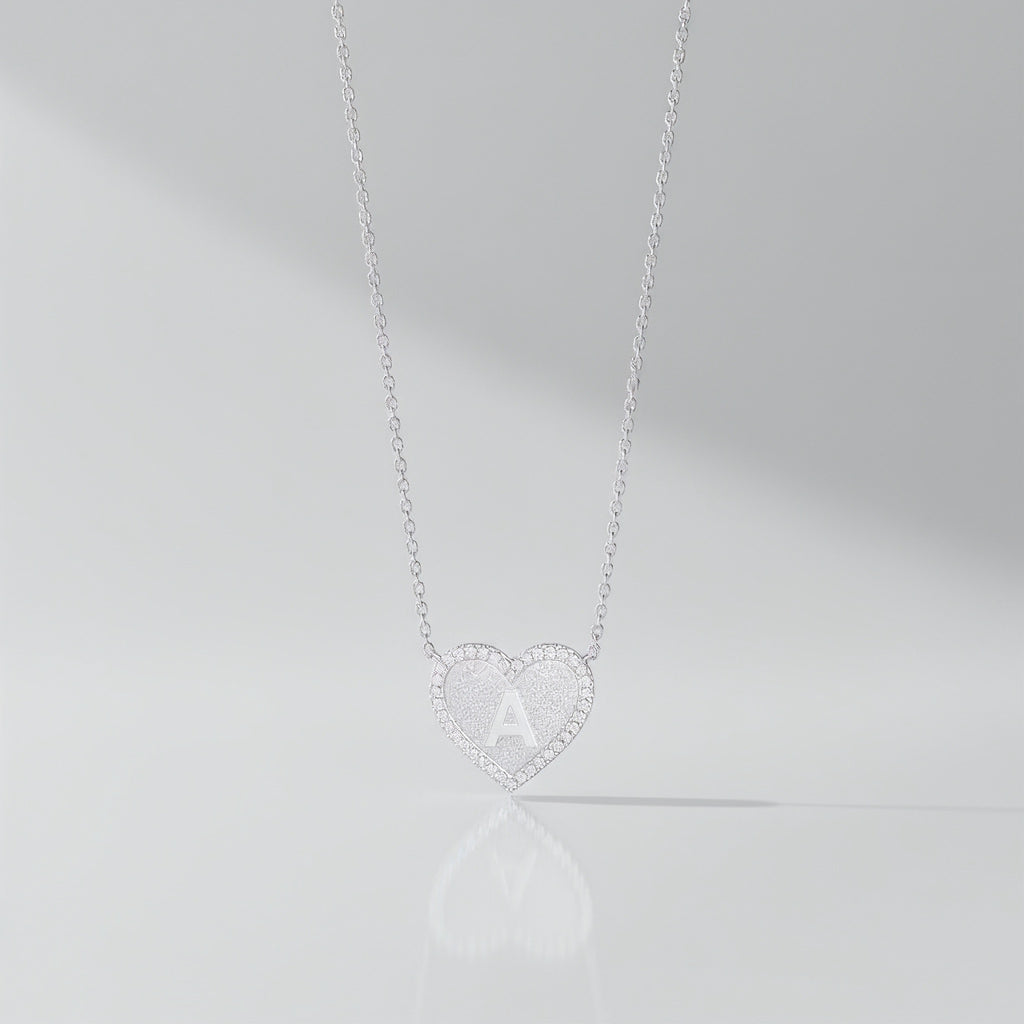 Rhodium Plated Silver Heart Initial Necklace AW24N003R