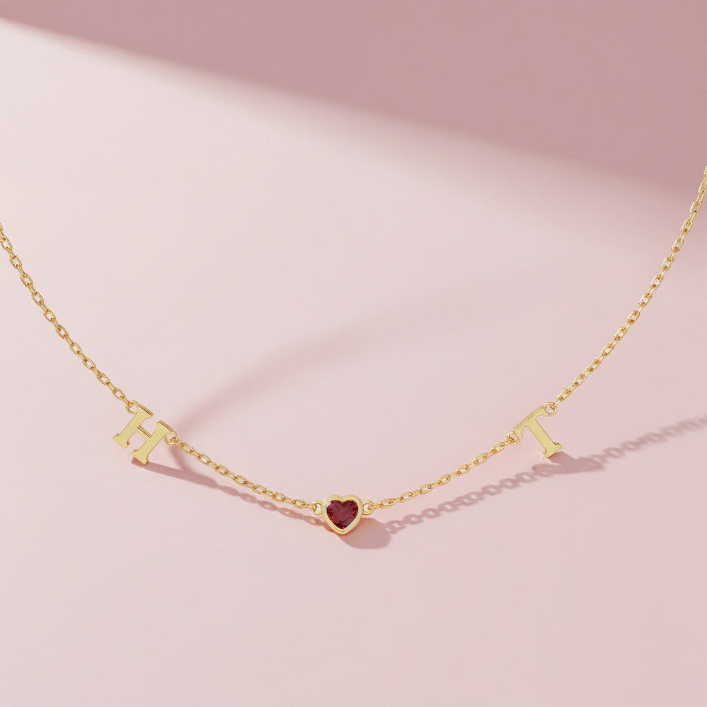 Personalized Heart Birthstone Necklace with Initials | Custom July Birthstone Necklace, Gold Heart Pendant Gift for Her