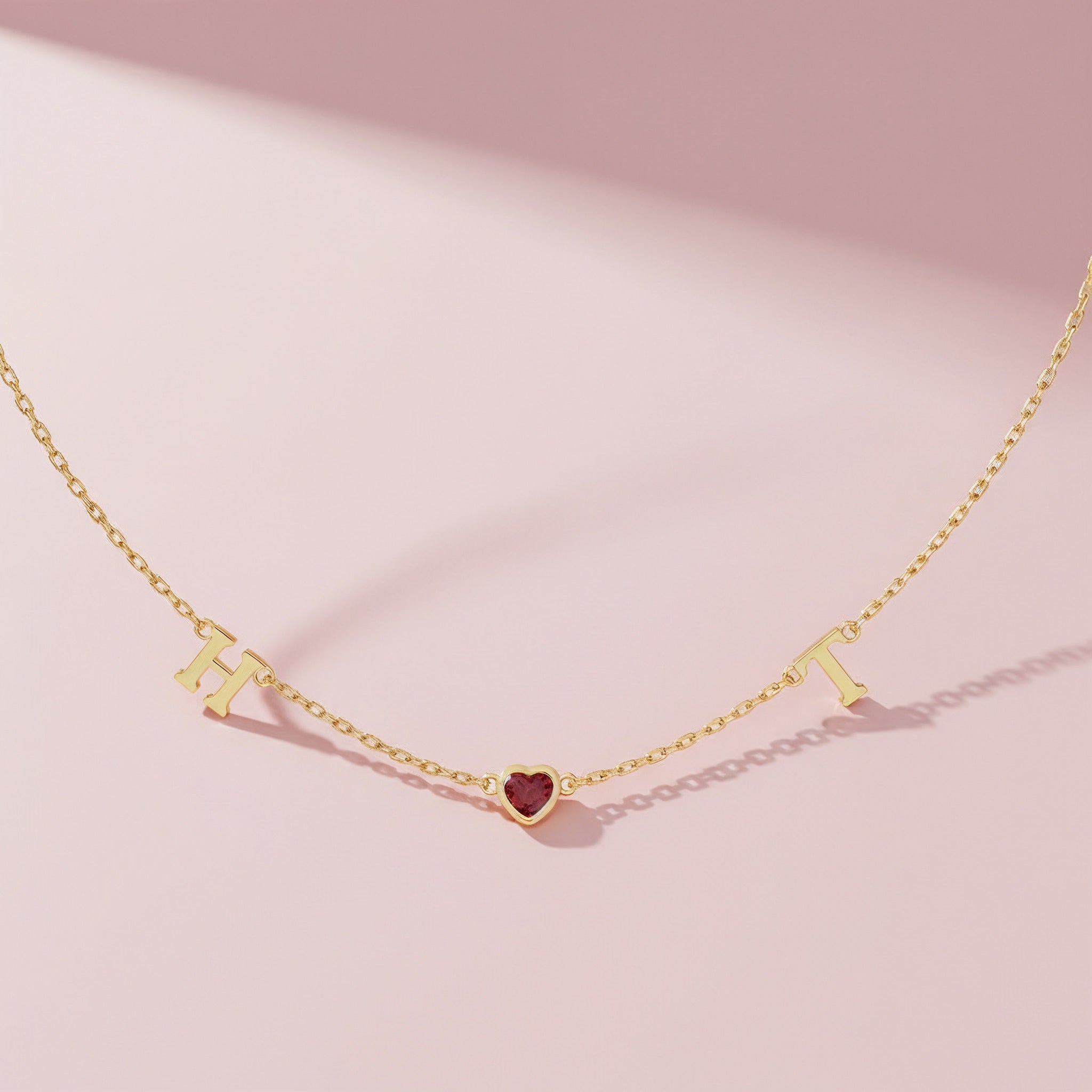 Personalized Heart Birthstone Necklace with Initials | Custom July Birthstone Necklace, Gold Heart Pendant Gift for Her