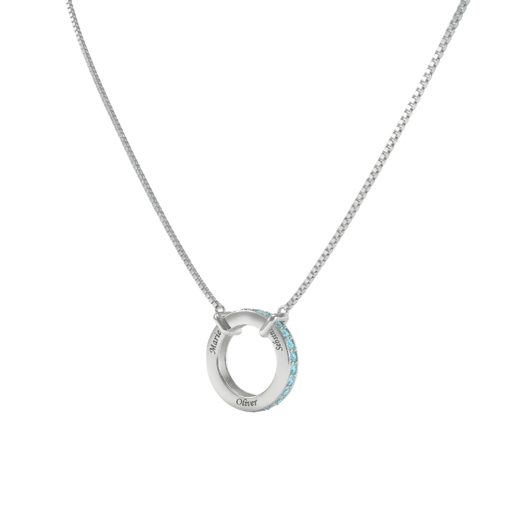 Custom Engraved Family Name Necklace with Birthstones | Personalized Circle Pendant with 2–5 Names, Mother’s Day Gift