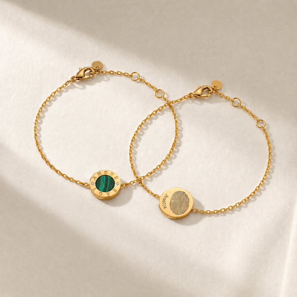 Custom Love Bracelet for Couples – Gemstone Engraved Fingerprint Jewelry Gift SB011
