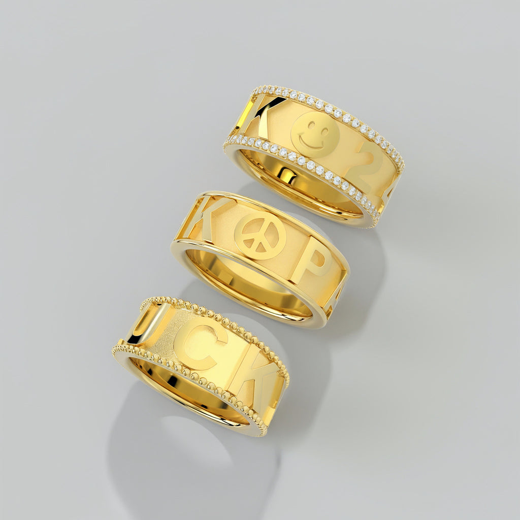 Personalized Lucky Symbol Ring | Custom Letter & Icon Band Ring with Pavé Detail, Engraved Name Ring