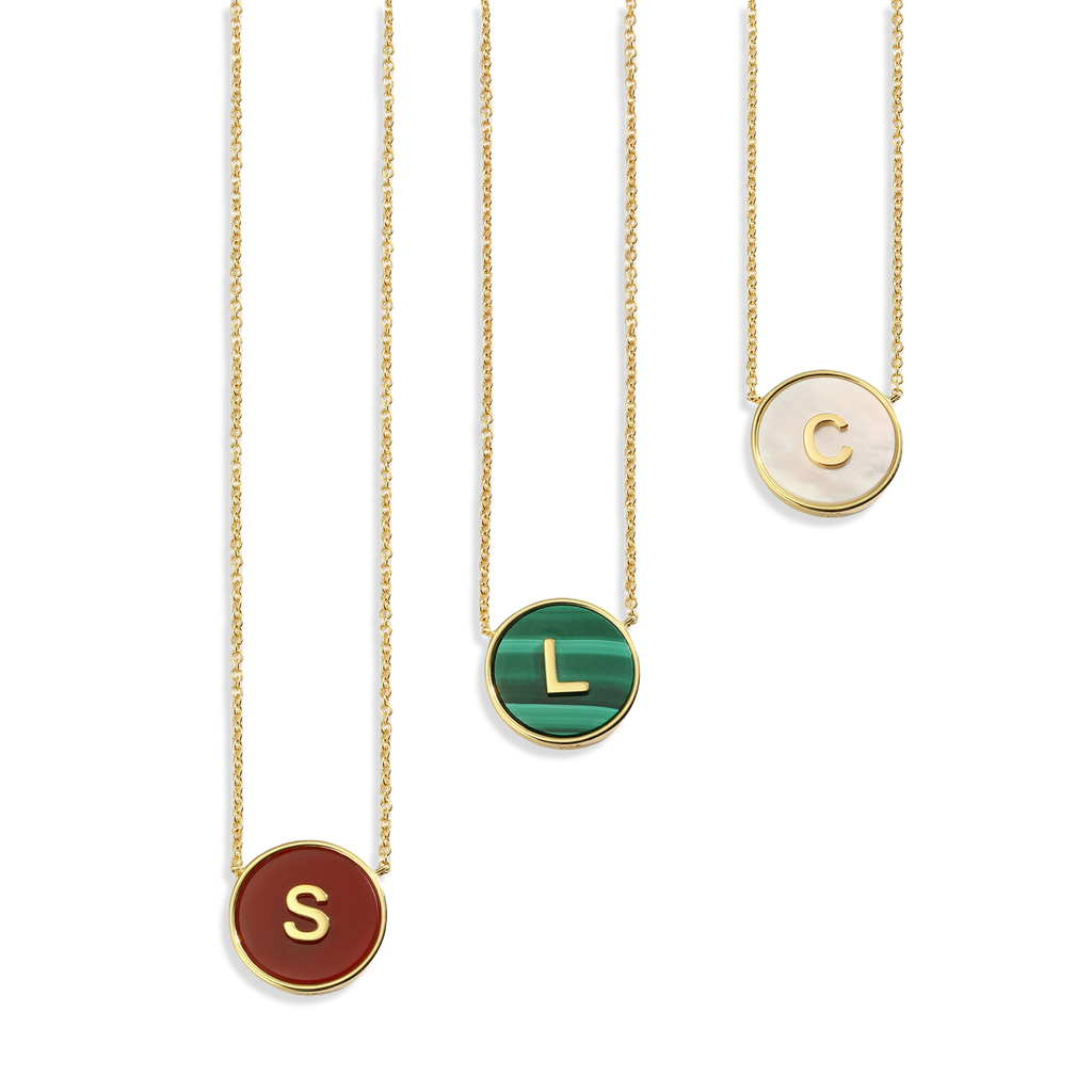 Personalized Zodiac and Initial Necklace | Engraved Gemstone Pendant in Malachite, Mother of Pearl or Red Agate