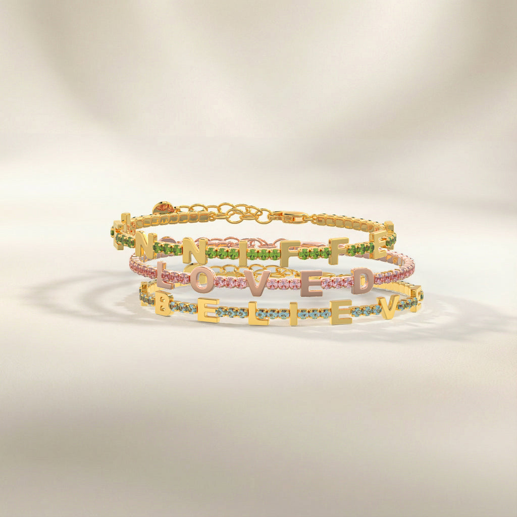 Birthstone Tennis Bracelet – Custom Name Bracelet in 18K Gold, Personalized Jewelry Gift