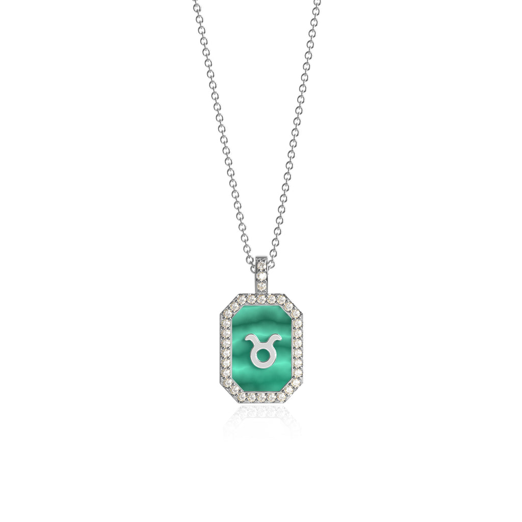 Zodiac Gemstone Necklace – Custom Initial Pendant in Malachite, Mother of Pearl or Agate