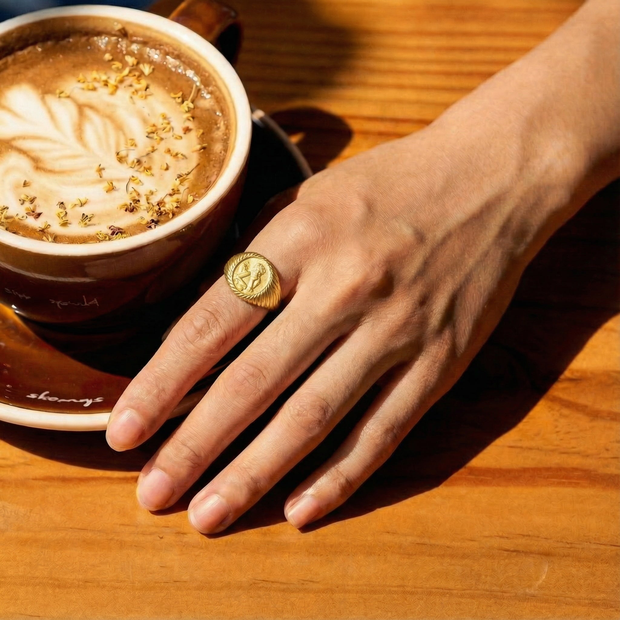 Vintage Coin Signet Ring | 18K Gold Plated Legacy Coin Ring, Classic Engraved Medallion Ring for Women and Men