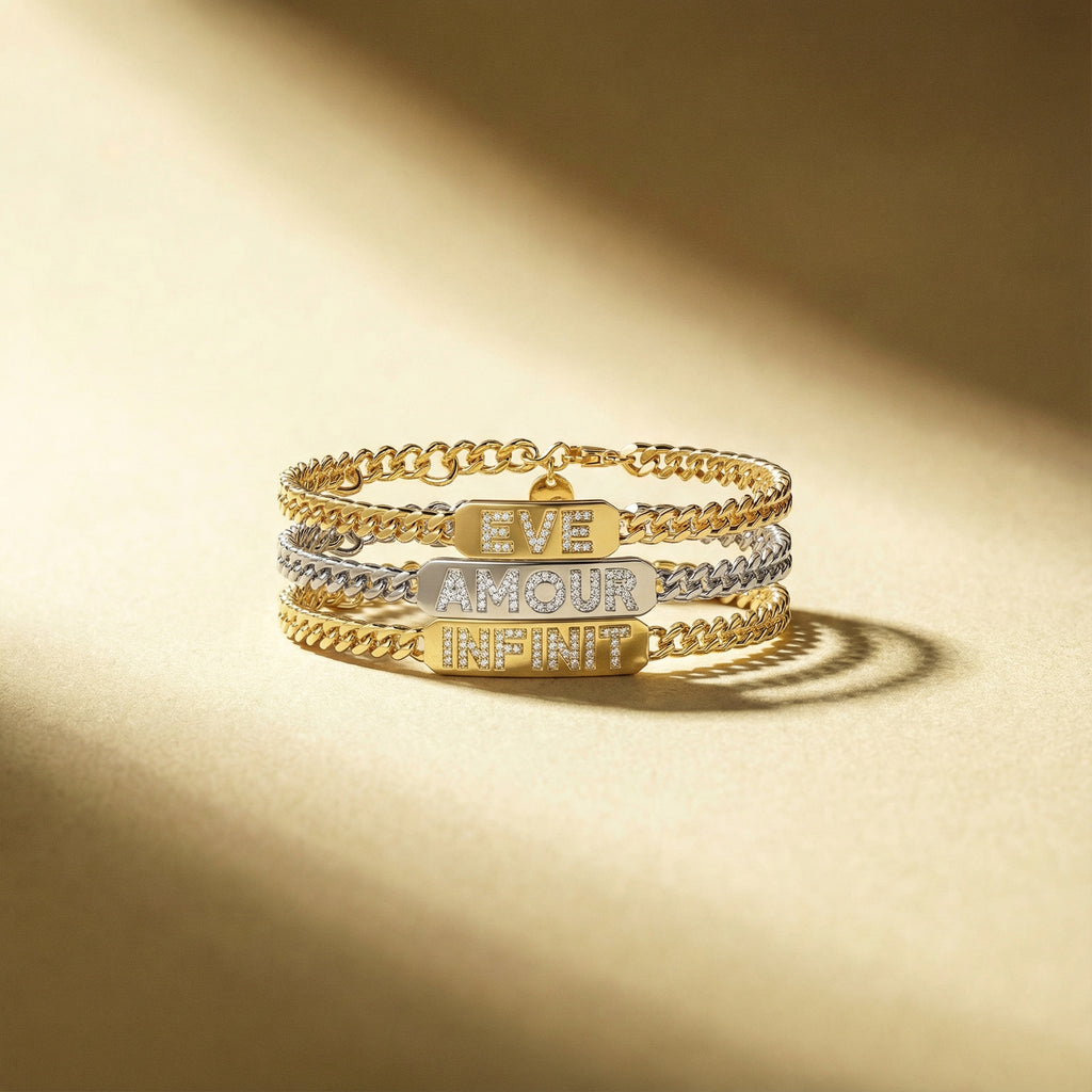 Personalized Pavé ID Bar Bracelet | Custom Name Curb Chain Bracelet for Him & Her with Engraving