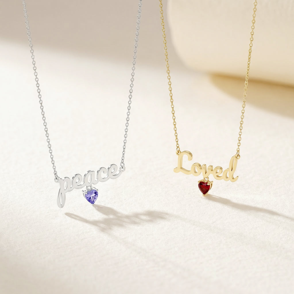 Personalized Name Necklace with Heart Birthstone – Custom Script Name Pendant, Rhodium Plated Jewelry Gift for Her