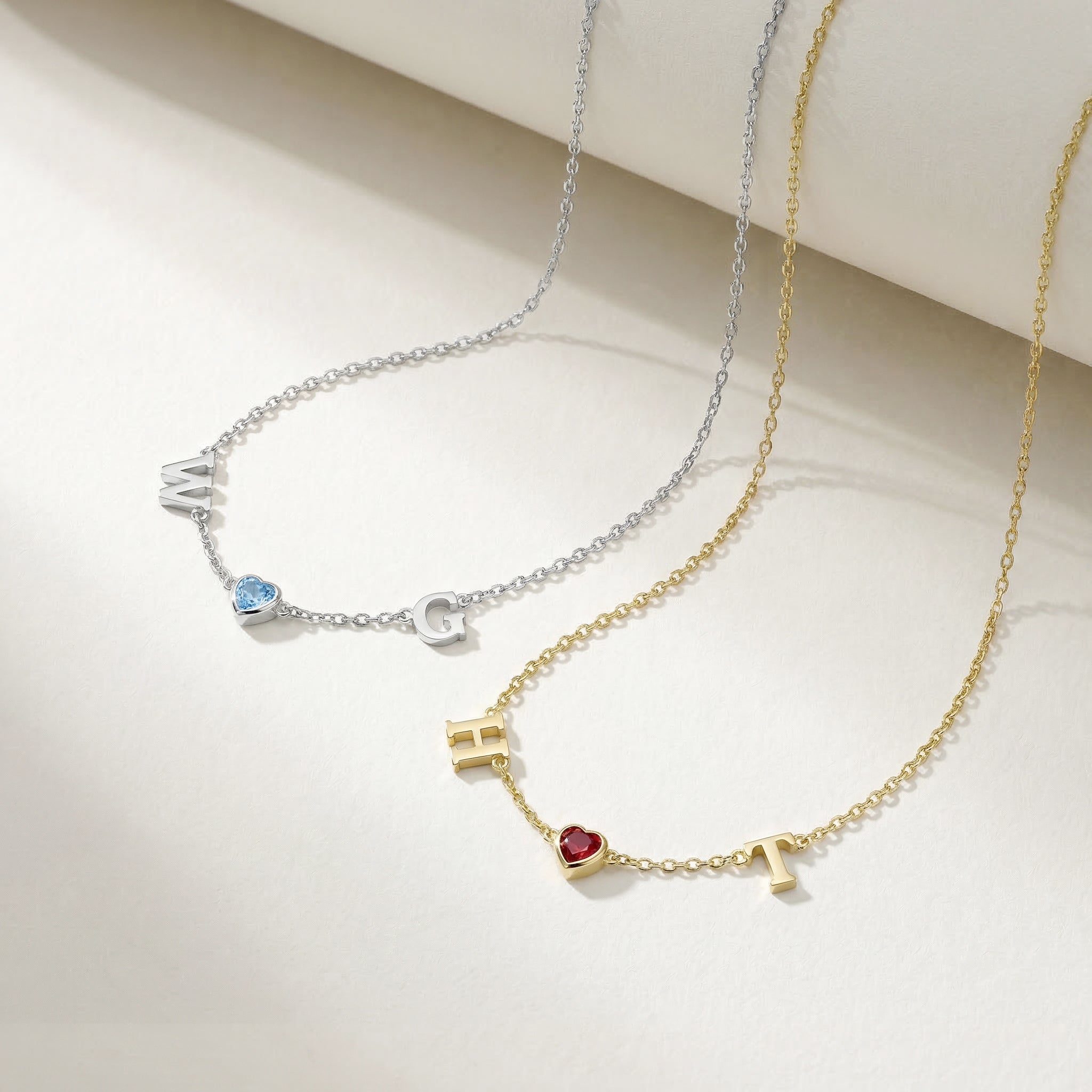Personalized Heart Birthstone Necklace with Initials | Custom July Birthstone Necklace, Gold Heart Pendant Gift for Her