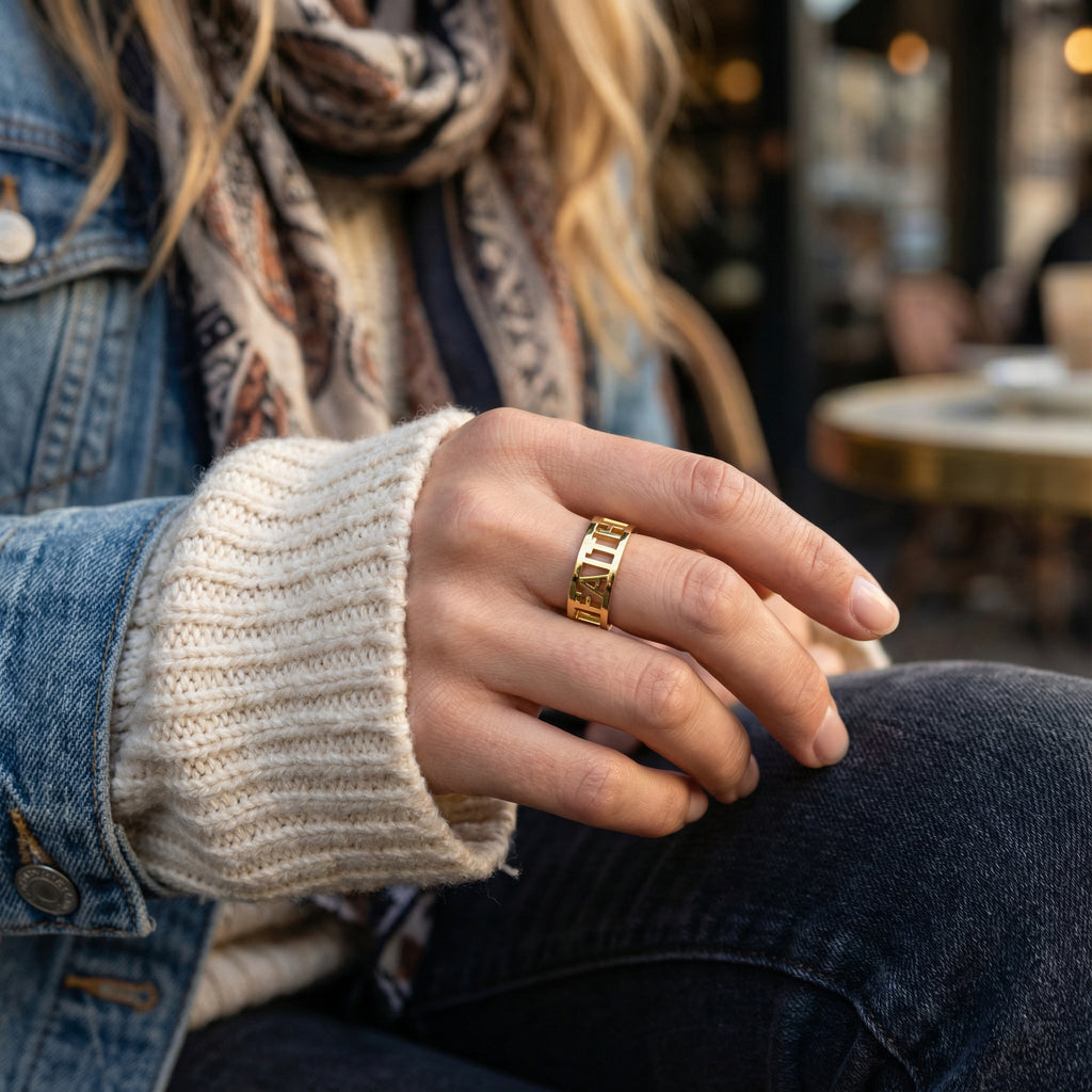 Personalized Signature Ring | Custom Engraved Name Band with Milgrain Detail, Pavé Letter Ring for Women and Men