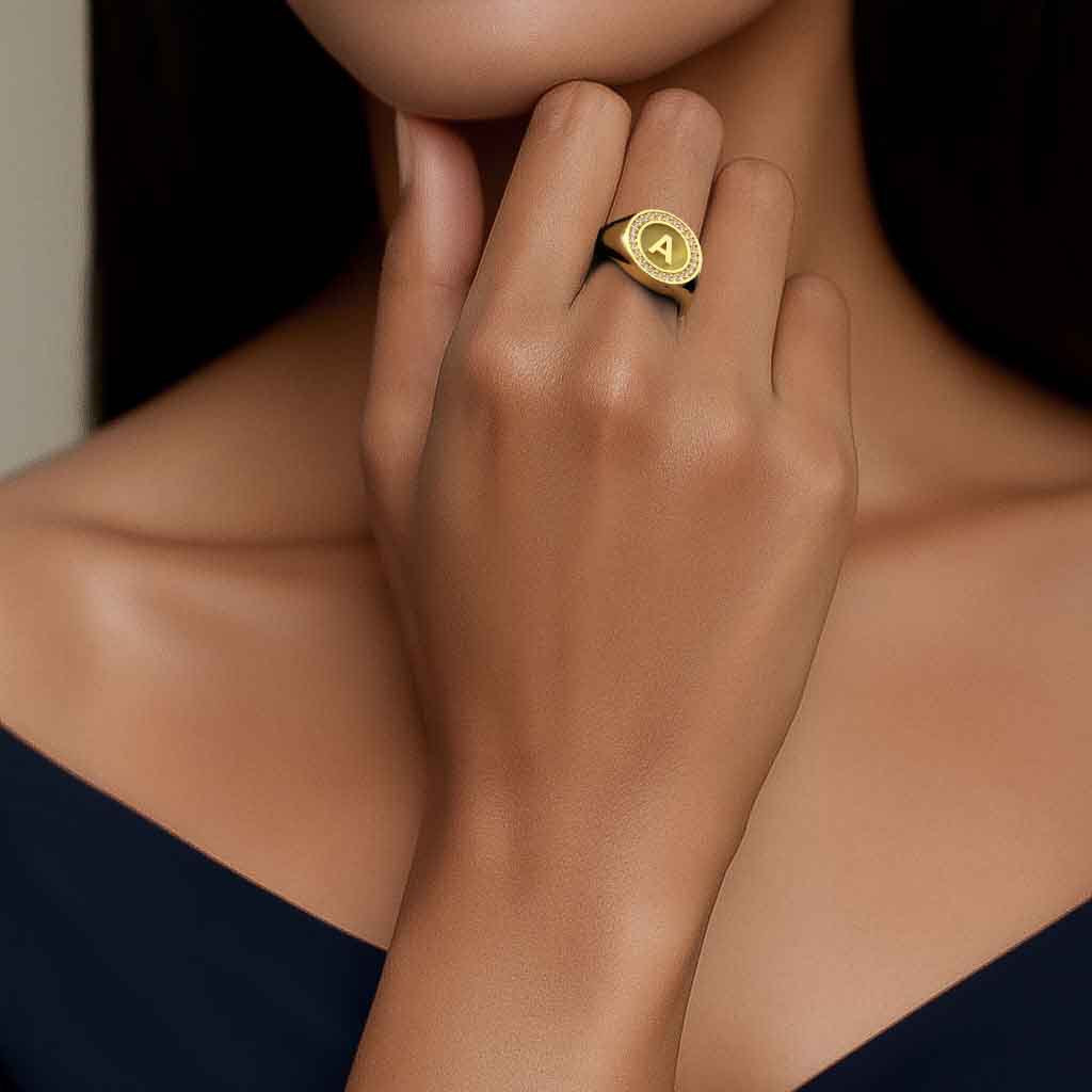 Personalized Initial Signet Ring | 18K Gold Plated Monogram Ring with Custom Letter Engraving