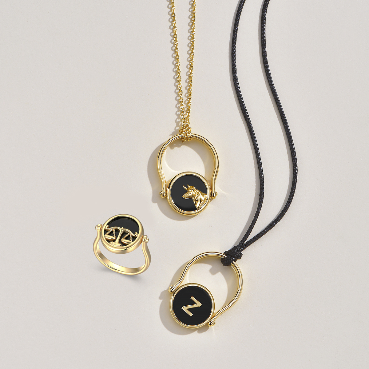 Twin Signet Ring and Pendant | Personalized Zodiac and Initial Reversible Gold Black Onyx Jewelry