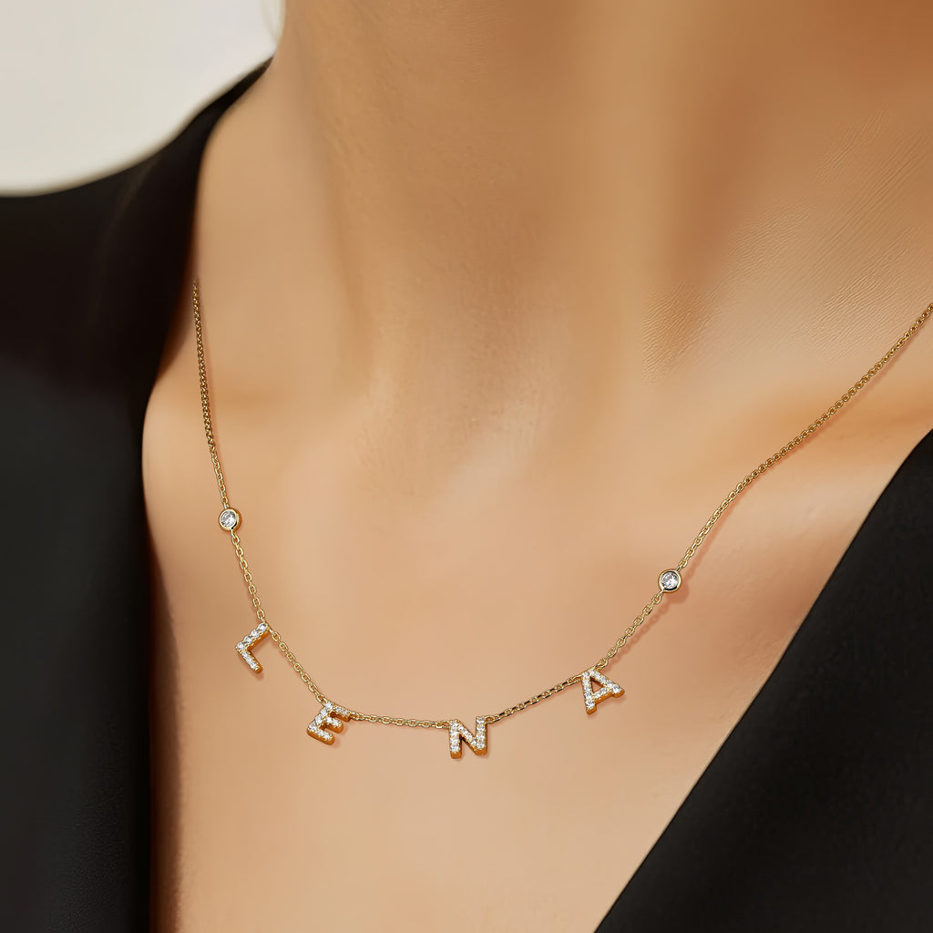 Personalized Spaced Letter Necklace | Custom Name Necklace in Gold or White Gold with Diamond Accent