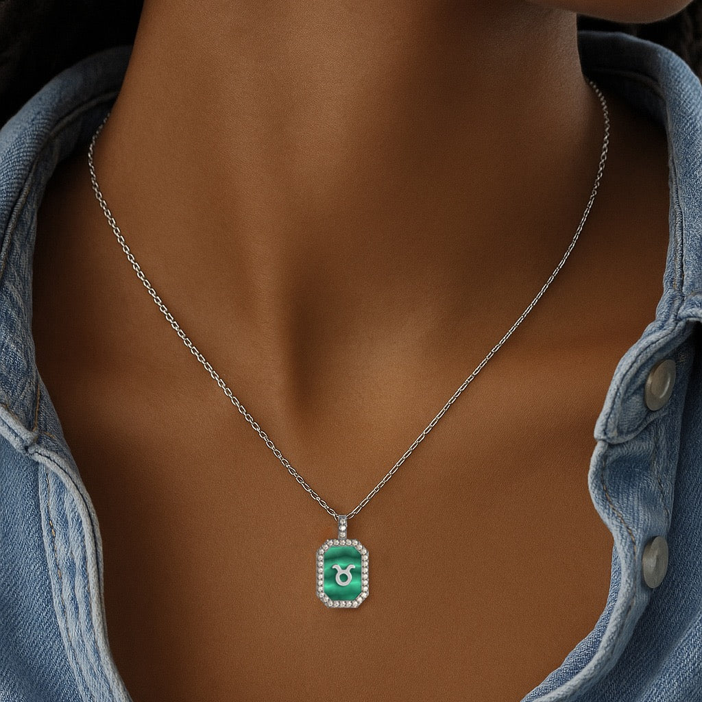 Zodiac Gemstone Necklace – Custom Initial Pendant in Malachite, Mother of Pearl or Agate