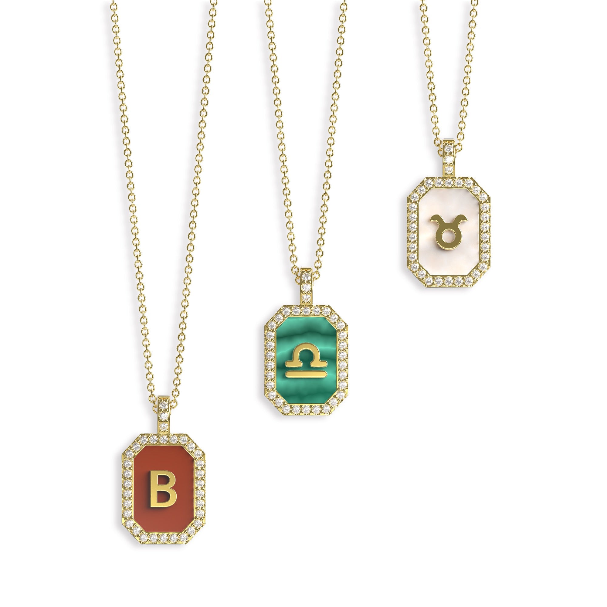Zodiac Gemstone Necklace – Custom Initial Pendant in Malachite, Mother of Pearl or Agate