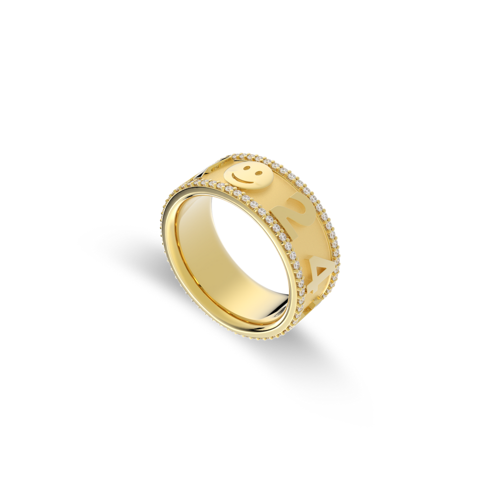 Personalized Lucky Symbol Ring | Custom Letter & Icon Band Ring with Pavé Detail, Engraved Name Ring