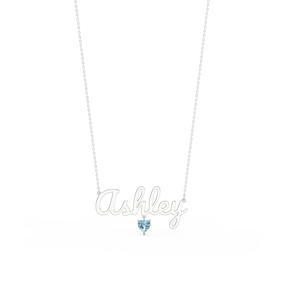 Personalized Name Necklace with Heart Birthstone – Custom Script Name Pendant, Rhodium Plated Jewelry Gift for Her