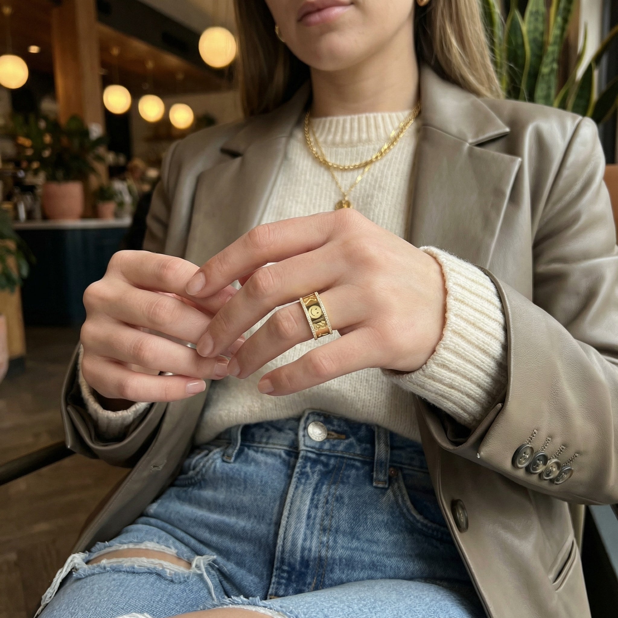Personalized Lucky Symbol Ring | Custom Letter & Icon Band Ring with Pavé Detail, Engraved Name Ring
