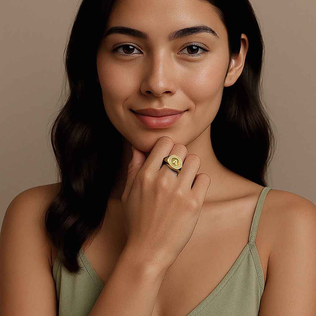 Personalized Initial Signet Ring | 18K Gold Plated Monogram Ring with Custom Letter Engraving
