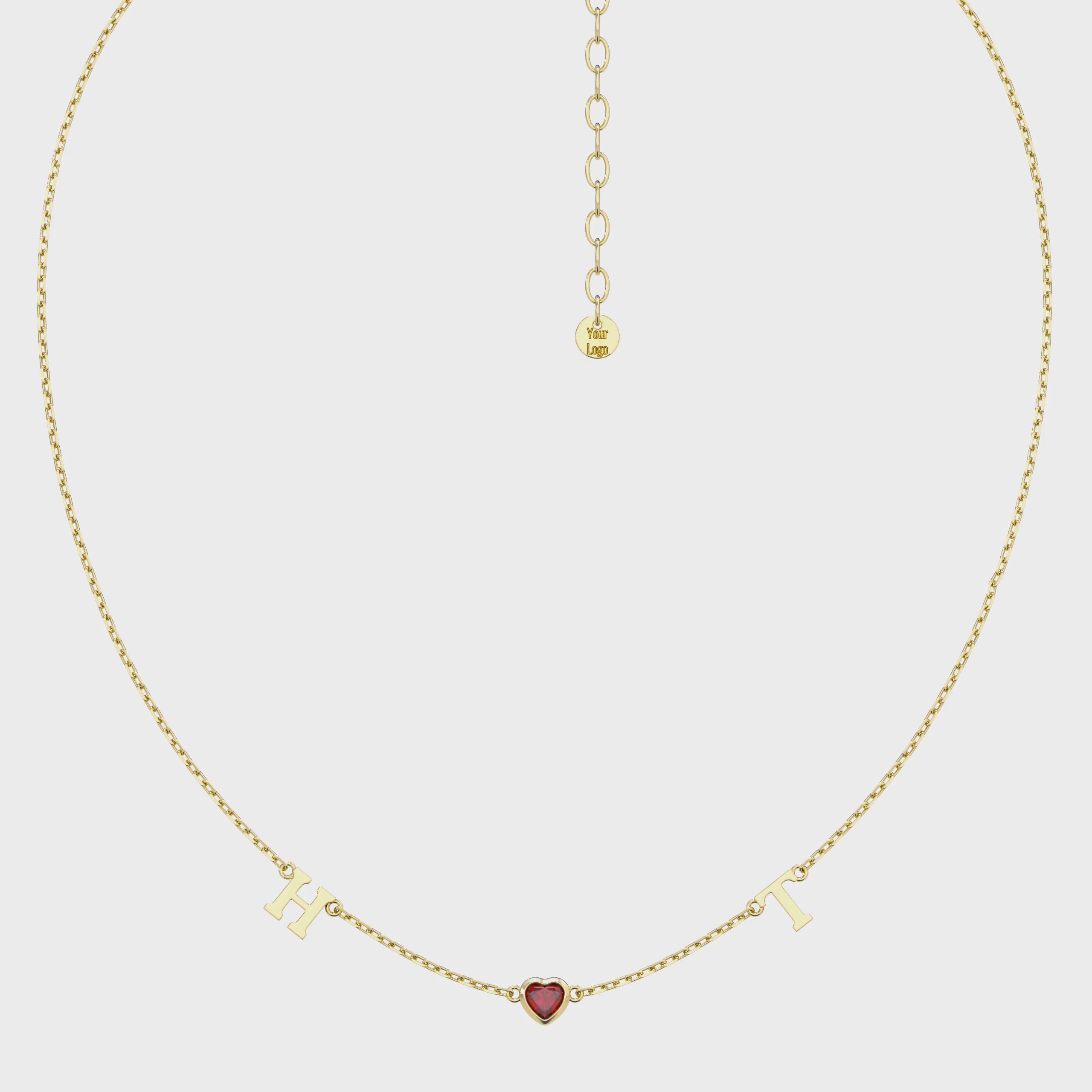 Personalized Heart Birthstone Necklace with Initials | Custom July Birthstone Necklace, Gold Heart Pendant Gift for Her